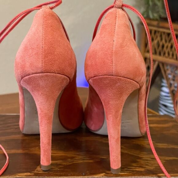Clef Genuine Suede Leather Stiletto Pumps Made in Italy Coral Ankle Lace - Picture 10 of 13